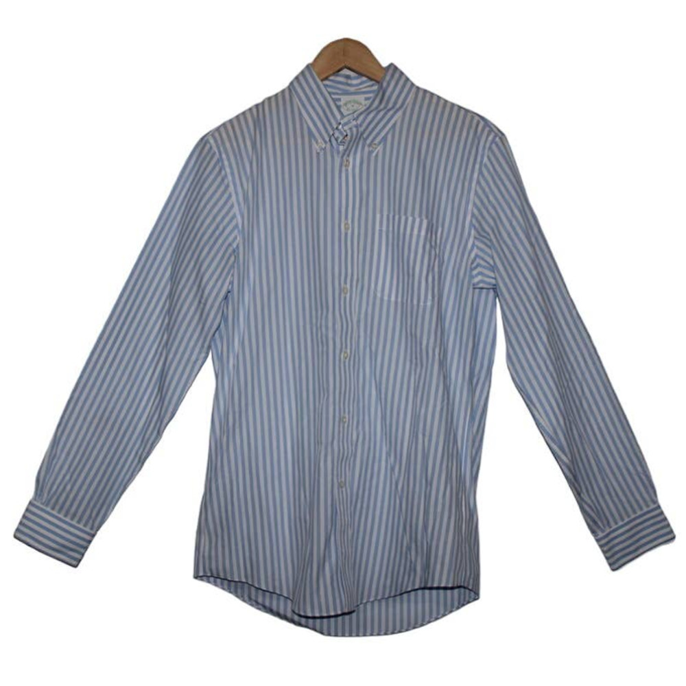 Men's Brooks Brothers White Blue Striped Cotton Long Sleeve Dress Shirt Size M